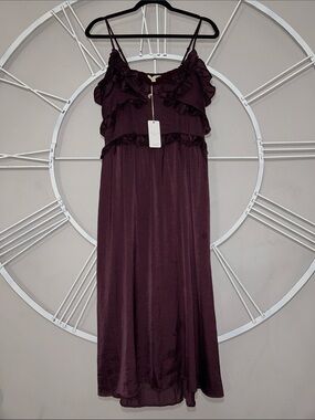 NWT Grade & Gather Body Language Ruffled Spaghetti-Strap Midi Dress in Merlot